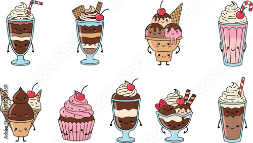 Kawaii dessert characters collection with ice cream, cupcake and milkshake, cute sweet treats mascots vector illustration set