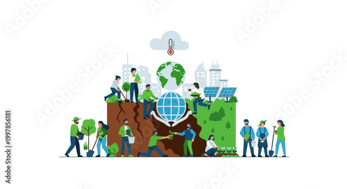 People collaborating on environmental protection and climate change awareness illustration