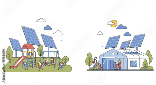 Children enjoy clean energy with solar panels at playground and home.
