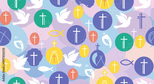 Christian Symbols Pattern: Crosses, Doves, Fish, Abstract Shapes