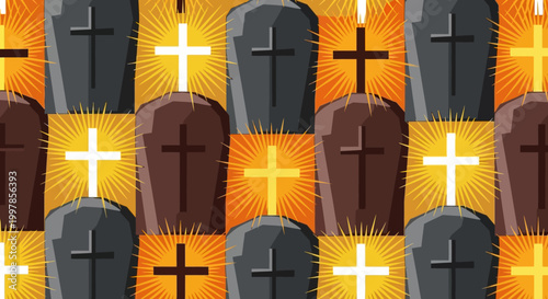 Christian Cemetery Crosses and Gravestones Seamless Pattern, Religious Funeral Background