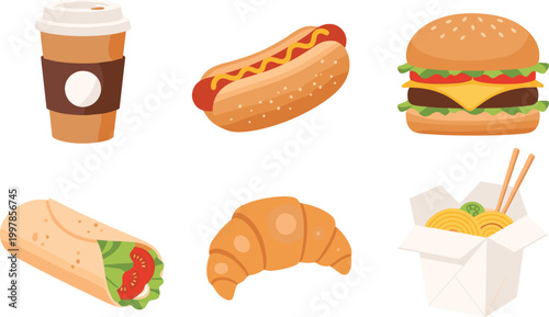 Assorted Tasty Snacks and Meals Coffee Cup Hot Dog Burger Burrito and Takeout Box