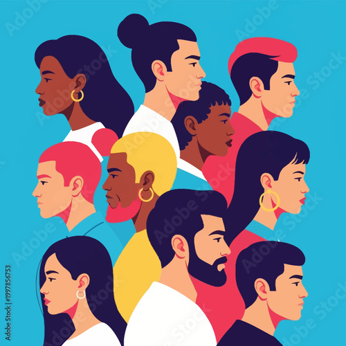 Vector illustration of a diverse group of men and women in profile view with varied ethnicities, hairstyles, and hair colors like pink and blonde on a vibrant blue background.