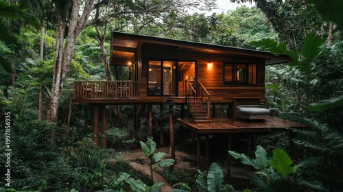 Wooden treehouse cabin in lush rainforest, evening scene