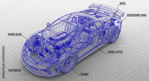 Blueprint of a modern sports car showing internal components and engineering details.