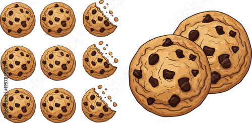 Tempting Chocolate Chip Cookies Collection Small Bitten Pieces and Two Big Cookies