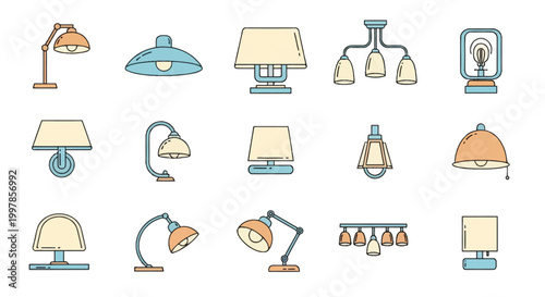 Set of 15 vector line art illustrations featuring various interior lighting fixtures including adjustable desk lamps, table lamps, ceiling chandeliers, pendant lights, and wall sconces.
