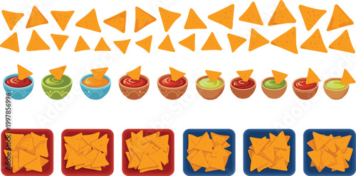 Cartoon Mexican Nacho Chips Collection with Salsa Guacamole and Cheese Dips