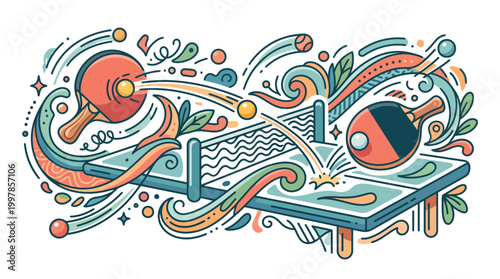 Vibrant illustration of table tennis players in action with colorful swirling patterns around them on a decorated table.