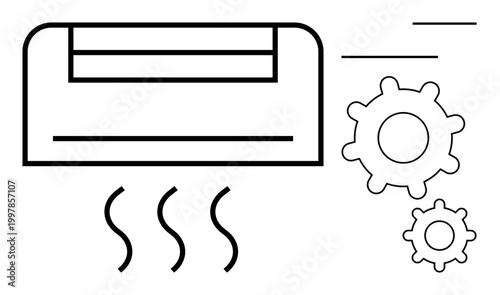 Climate control, energy efficiency, ventilation system, cooling technology, maintenance processes, system settings. Air conditioner with flowing air and gear icons. Climate control and energy