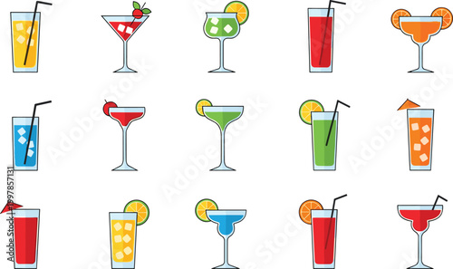 Colorful Cartoon Cocktails and Mocktails Collection with Fruits Strawberries Orange and Lemon Garnish