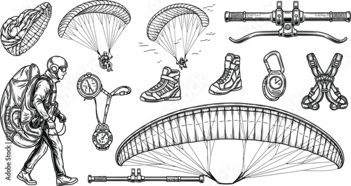 Vintage Paragliding Equipment and Skydiver Adventure Sketch Set