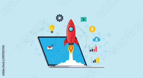 A rocket launching from a laptop with various business icons