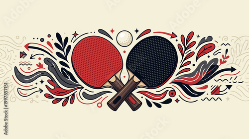Two table tennis paddles with ball in decorative floral pattern