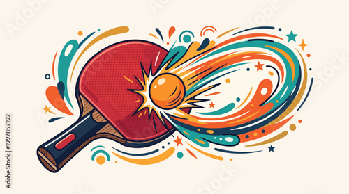 Vibrant illustration of a red ping pong paddle hitting an orange ball with swirling motion graphics around it.