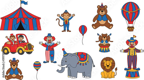 Circus elements collection with clowns animals tent hot air balloon and performers, colorful cartoon vector illustration for entertainment, festival and kids design themes