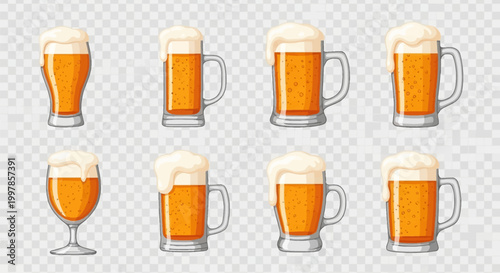 Set of eight detailed vector illustrations showing different types of beer glasses and mugs filled with golden lager and thick white foam, isolated on a transparent background.