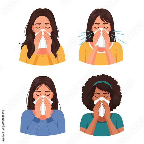 Collection of four vector illustrations showing diverse women sneezing or blowing their noses into white paper tissues, depicting symptoms of common cold, seasonal allergies, and flu.