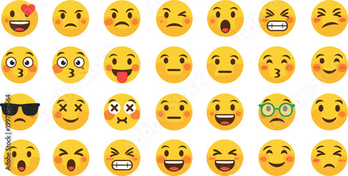 Emoji faces collection with different emotions and expressions, colorful cartoon smiley icons set for messaging, social media, stickers and digital communication design