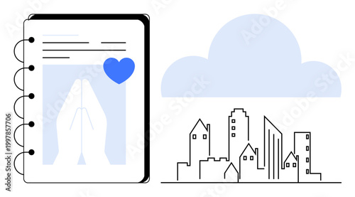 Faith, spirituality, journaling, urban living, prayers, mindfulness. Notebook with praying hands and heart symbol beside a minimalist cityscape under a cloud. Faith and spirituality