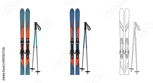 Vector illustration of three sets of alpine downhill skis and ski poles, featuring two colored versions with bindings and one black and white line art outline isolated on white.