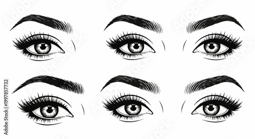 Collection of six black and white vector illustrations featuring female eyes with long curved eyelashes and thick shaped eyebrows, isolated on a plain white background.