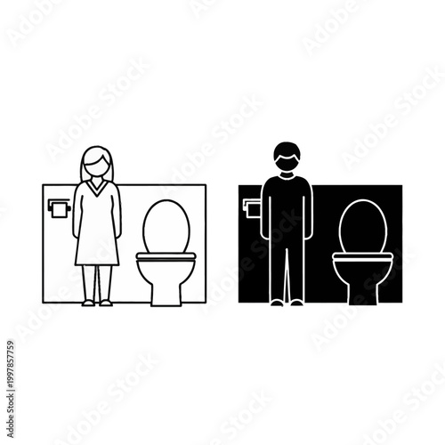 Two minimalist vector icons of a male and female figure standing inside restroom stalls beside a toilet bowl and paper holder, shown in both outline and solid black glyph styles.