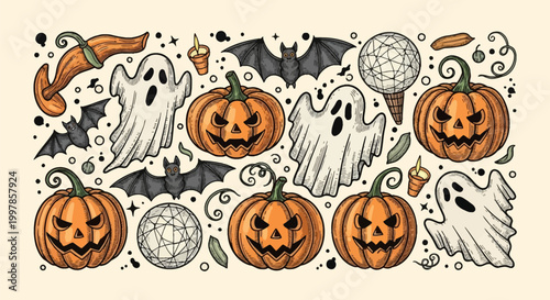 Engraved Halloween illustration set featuring carved jack-o'-lantern pumpkins, spooky ghosts, flying bats, lit candles, and geometric spheres in a vintage woodcut style.