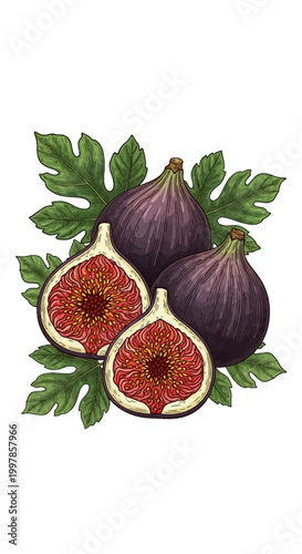 Engraved botanical illustration of fresh common figs with whole purple fruit and halved sections showing red fleshy pulp and seeds, surrounded by green lobed leaves on white.