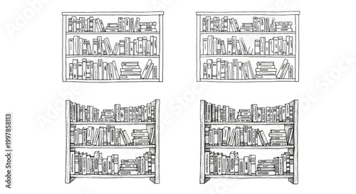 Set of four hand-drawn black and white sketches of bookshelves filled with rows of books on three shelves. Minimalist line art illustration of wooden bookcases for home library or study.