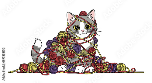 Playful kitten tangled in colorful yarn balls, illustration of adorable feline enjoying its playtime with wool threads