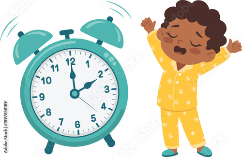 Sleepy Black boy yawning and stretching in yellow star pajamas, waking up from loud ringing alarm clock, adorable morning routine scene, tired child with messy hair and cozy sleepwear, playful bedroom