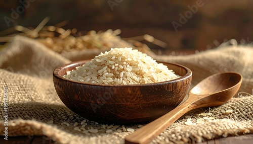Rice in a dark wood bowl with a spoon atop burlap against a wooden background, lit from the left