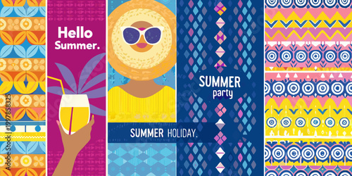 Summer party posters with tropical motifs and bright colors