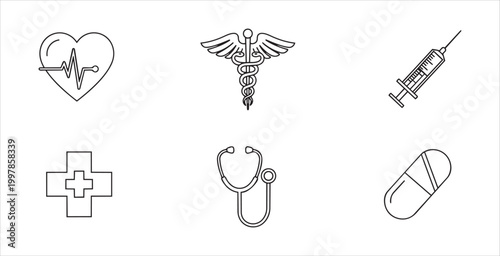 Medical icons, healthcare symbols, vector graphics, line art