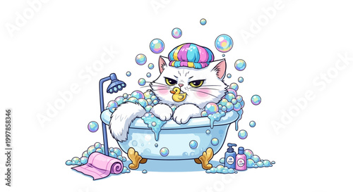 Humorous cartoon illustration of a grumpy white cat in a bubbly bath, wearing a colorful shower cap and holding a rubber duck, depicting funny pet bathtime antics