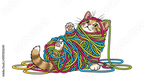 Playful kitten entangled in a colorful ball of yarn, captured in a whimsical illustration