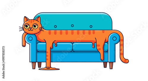 Chubby Orange Cat Lounging Lazily on a Blue Sofa, Cartoon Style