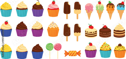 Assorted Sweet Desserts Cupcakes Chocolate Dipped Ice Cream and Colorful Candy Icons