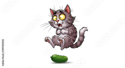 A terrified cat leaps backwards in shock as a green cucumber appears beneath its paws, creating a humorous and unexpected encounter