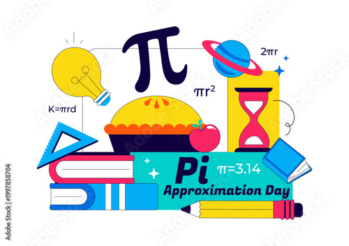 Pi Approximation Day Vector Illustration Featuring Mathematics Concepts With Pi Symbol, Numbers, Calculator, Education Elements, And Baked Sweet Pie