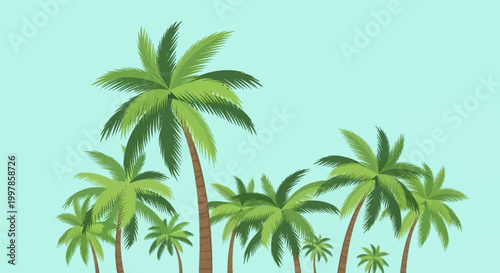 Minimalist vector illustration of multiple green palm trees with brown trunks arranged in a row against a solid light blue background, suitable for tropical summer vacation themes.