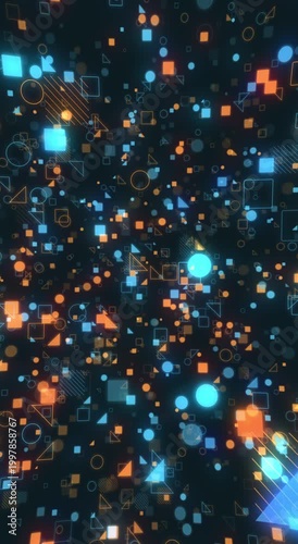 ブルーとオレンジのネオンのように光るシンプルな図形のアブストラクト　スロースペイシー　ループ　縦長