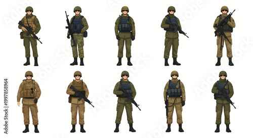 Set of ten modern infantry soldiers in tactical gear and camouflage uniforms holding assault rifles, wearing ballistic helmets and protective vests, isolated on white background.