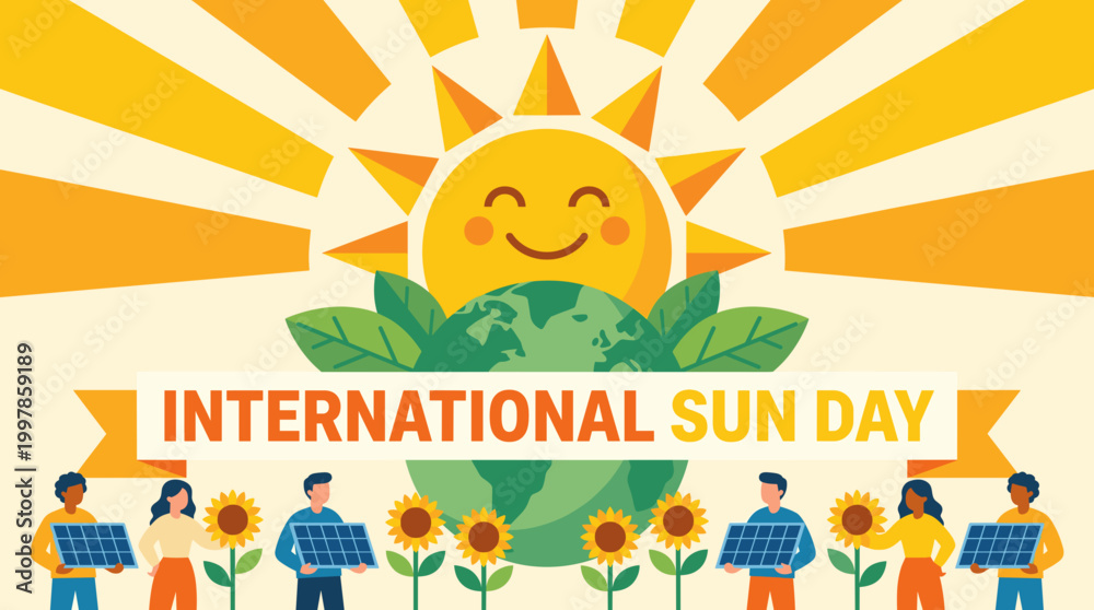 Fototapeta premium International Sun Day vector concept with smiling sun over earth globe, leaves, and people holding solar panels with sunflowers to promote global renewable energy and ecology.