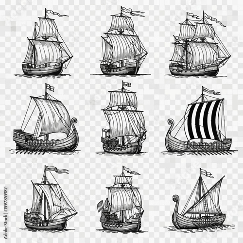 Collection of nine vintage hand-drawn ship illustrations including viking longships with oars, wooden galleons, and historical merchant vessels in a black ink engraving style.