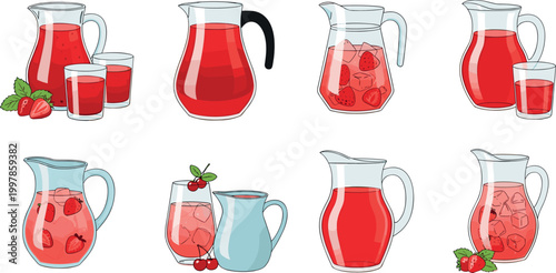 Fresh fruit juice pitchers set with strawberry drinks and glasses, refreshing beverage vector illustration collection for summer menu design