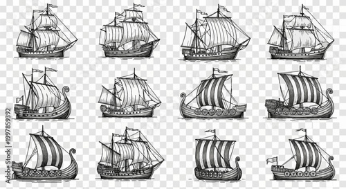 Set of twelve vintage black and white historical sailing ship illustrations, including galleons, viking longships, and caravels. Nautical line art icons on transparent background.