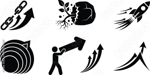 Set of business growth and success icons, including rocket launch, breaking chains, and upward arrows
