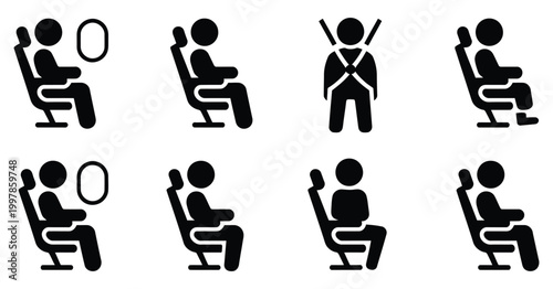 People sitting in seats with seatbelts icons showing different travel positions, passenger safety pictograms for car plane and public transport, clean vector set with clear human figures and restraint